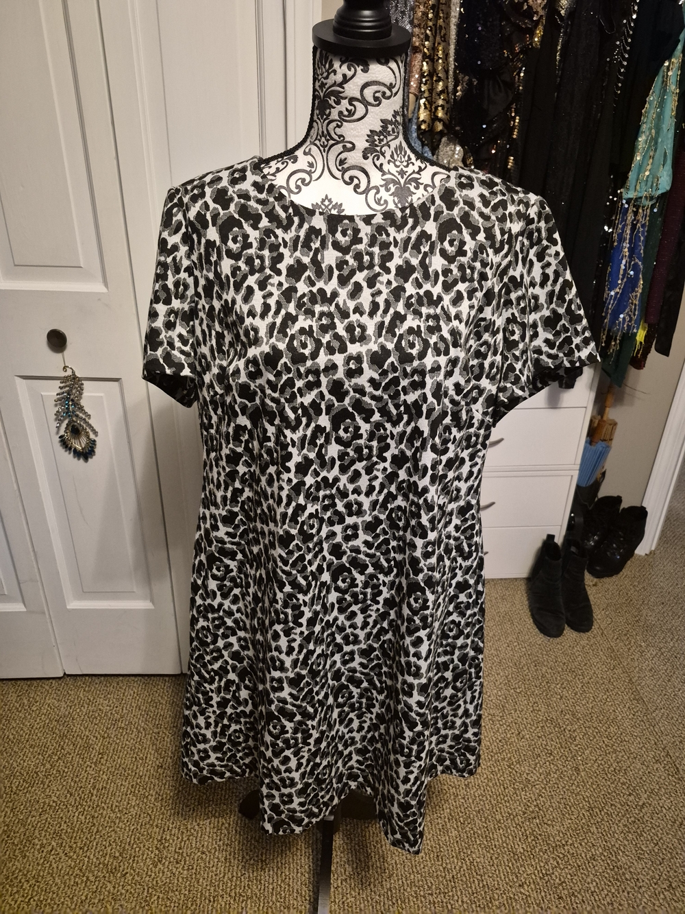 Calvin Klein Black and White Leopard Print Midi Dress